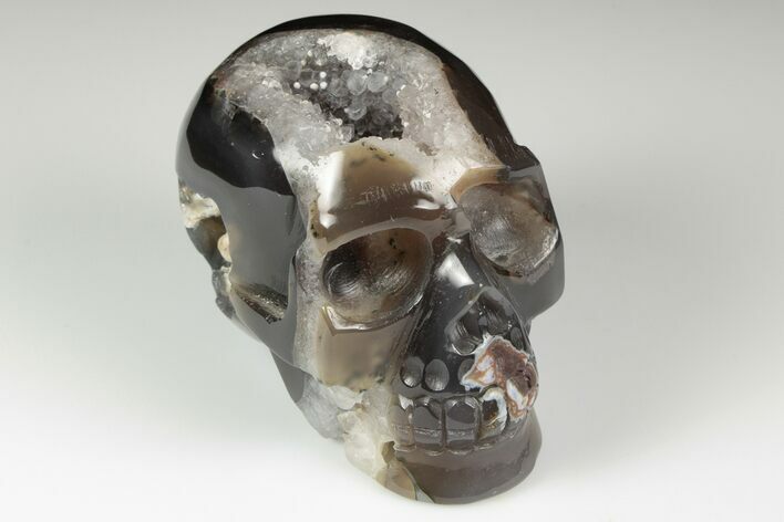 Polished Banded Agate Skull with Quartz Crystal Pocket #190525